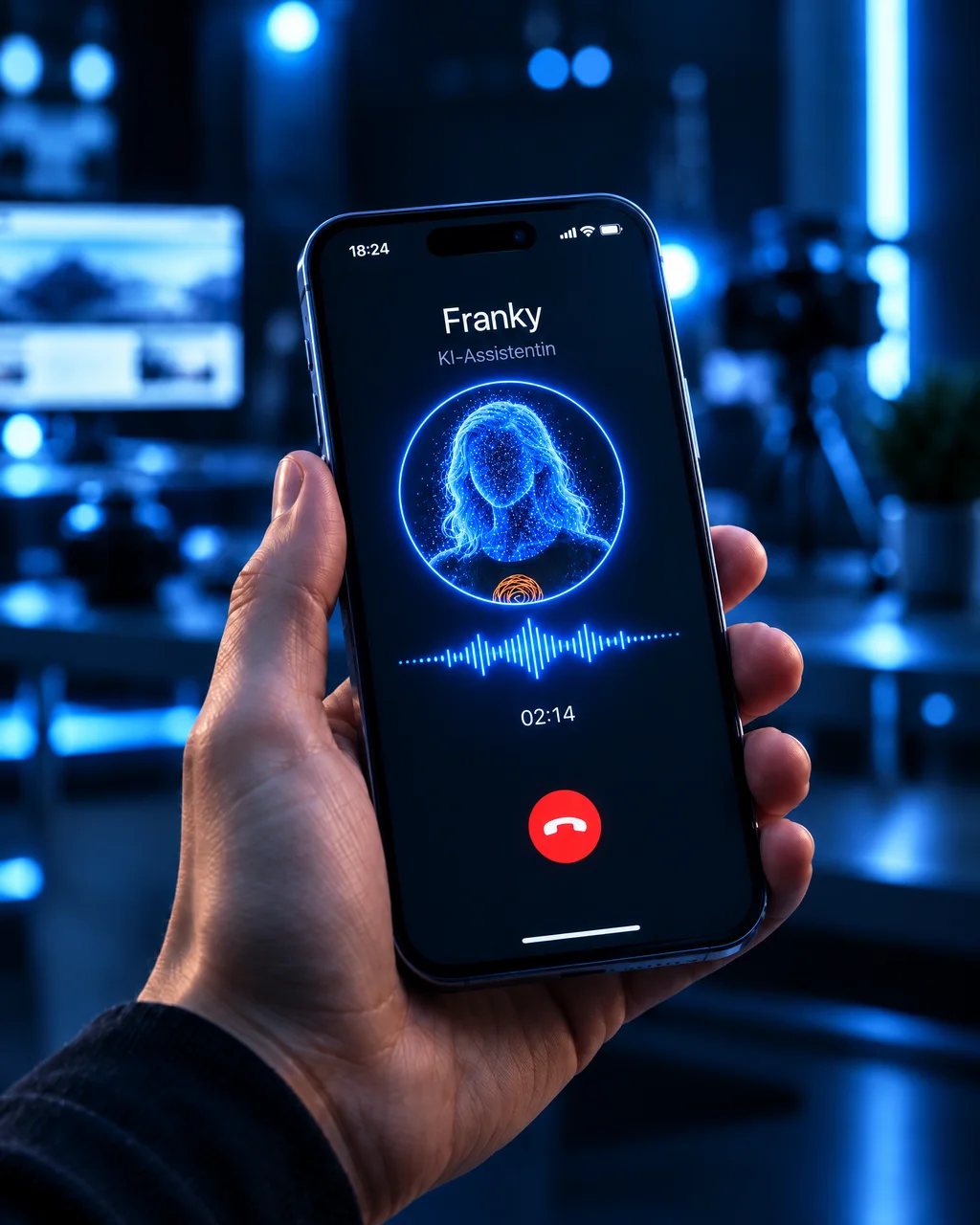 Ein Handy zeigt ein laufendes Gespräch mit Franky, KI-Assistentin