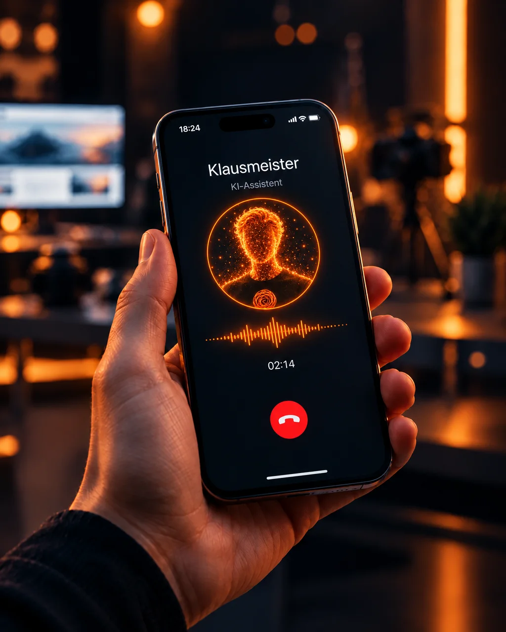 Ein Handy zeigt ein laufendes Gespräch mit Klausmeister, KI-Assistent