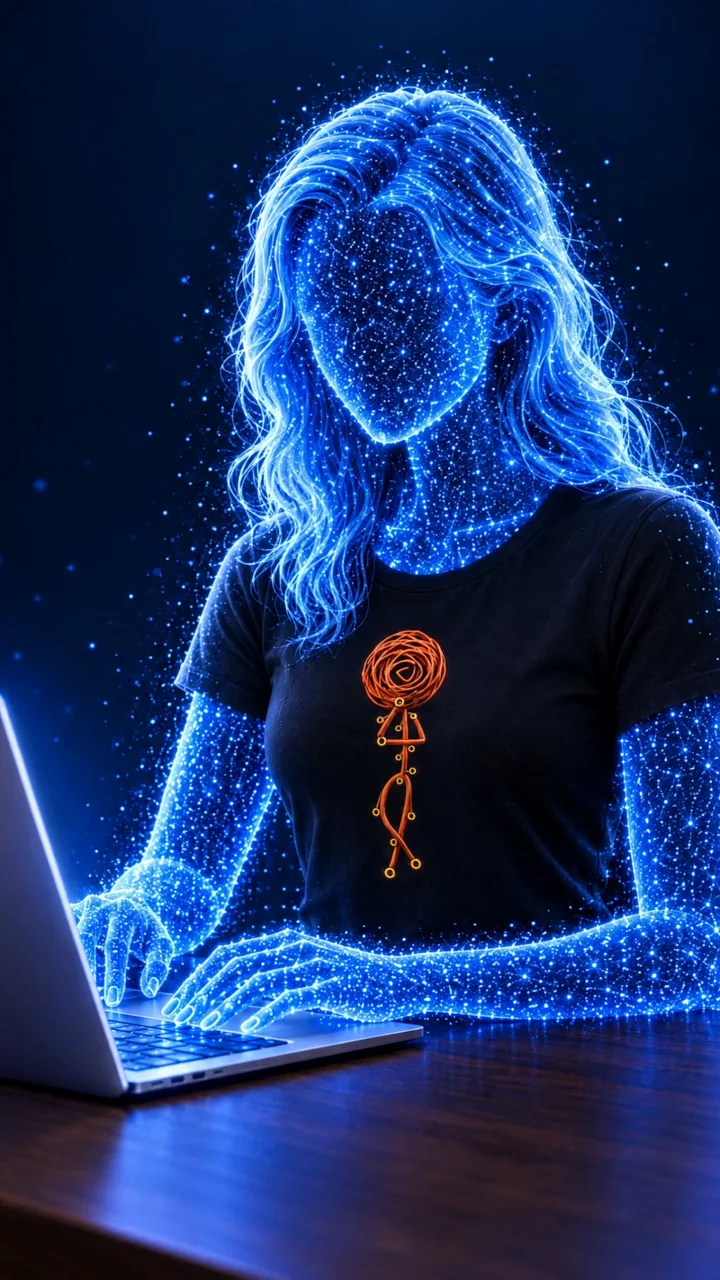 Franky, Lichtfigur in Blau, arbeitet am Laptop