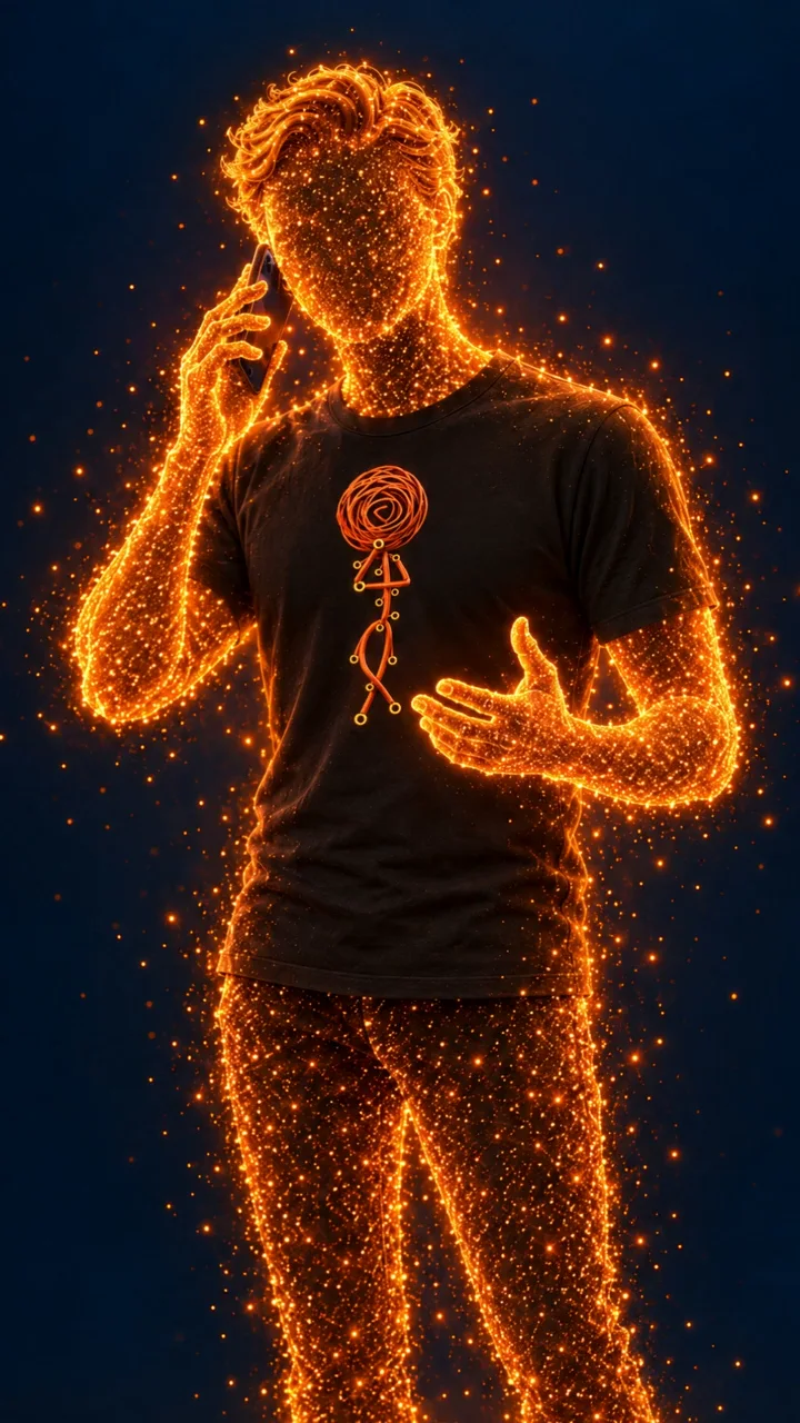 Klausmeister, Lichtfigur in Orange, am Telefon