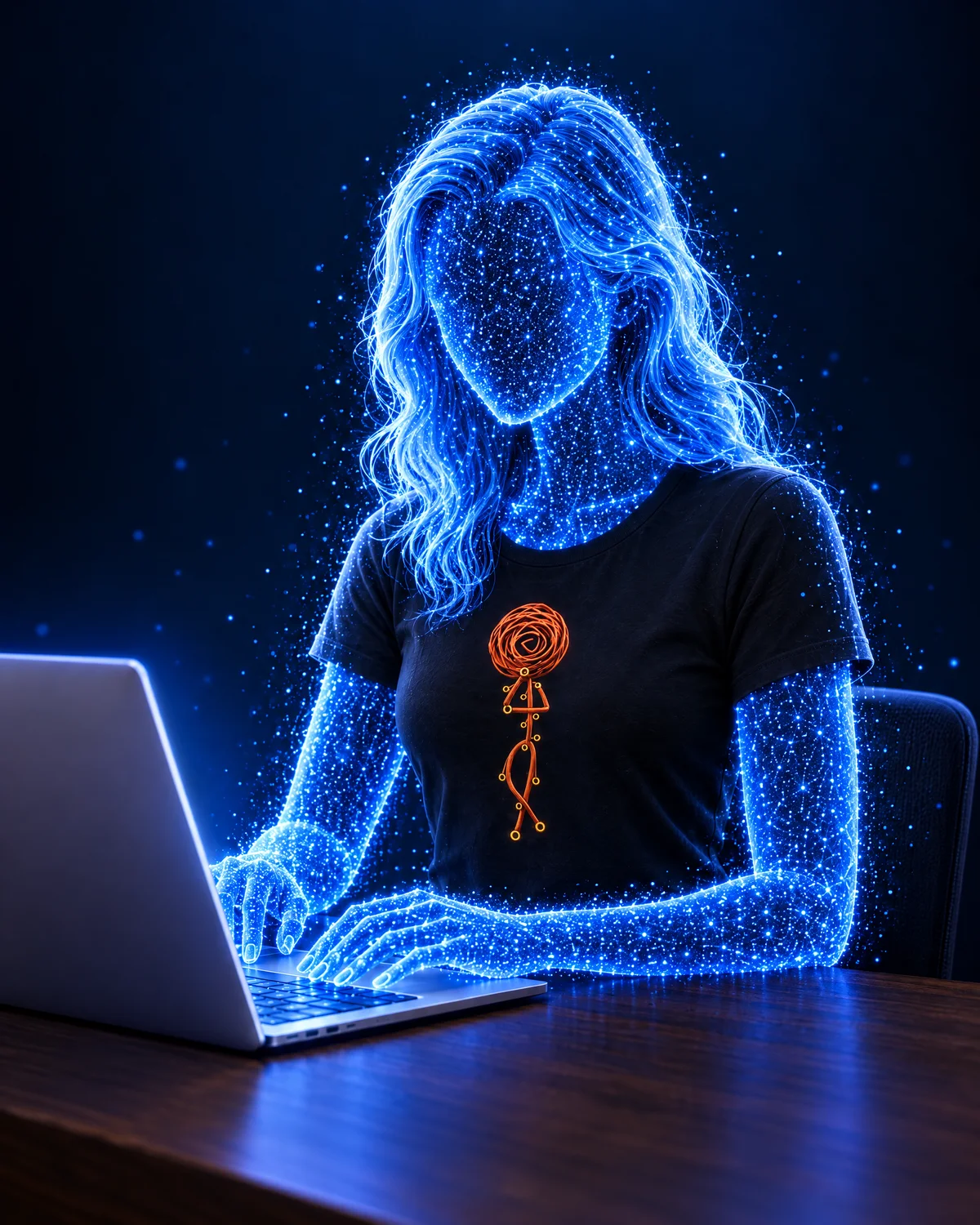 Franky, Lichtfigur in Blau, arbeitet am Laptop