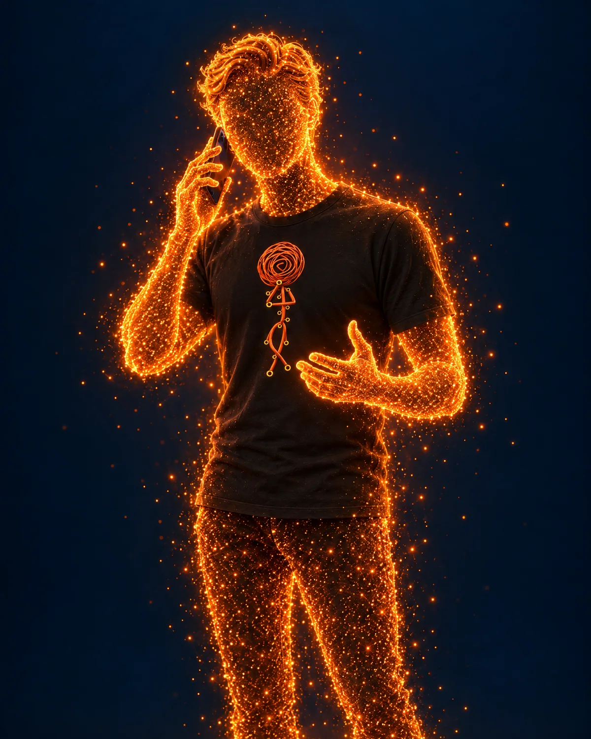 Klausmeister, Lichtfigur in Orange, am Telefon