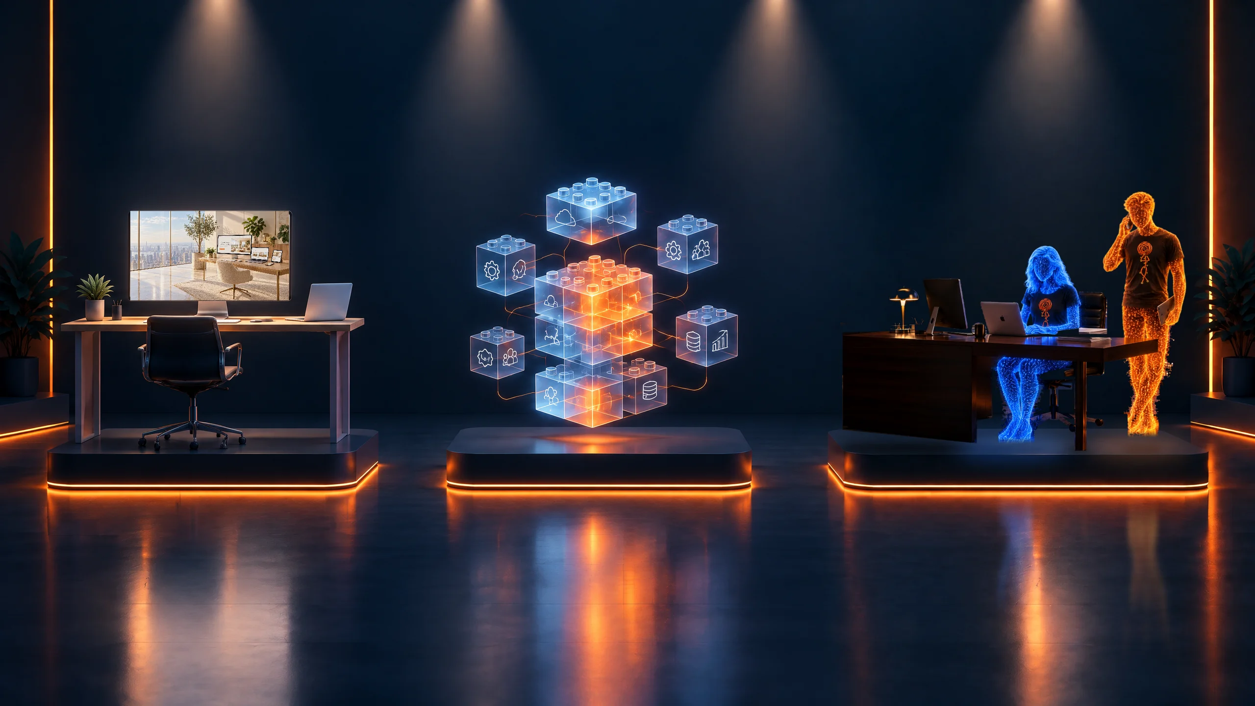 Ausstellungsraum mit drei Stationen: Schreibtisch mit Monitor, leuchtende Glas-Bausteine, Klausmeister und Franky als Lichtfiguren am Schreibtisch